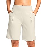 SANTINY Bermuda Shorts for Women Knee Length 9" High Waisted Pleated Casual Long Shorts with Pockets Walking Workout Athletic
