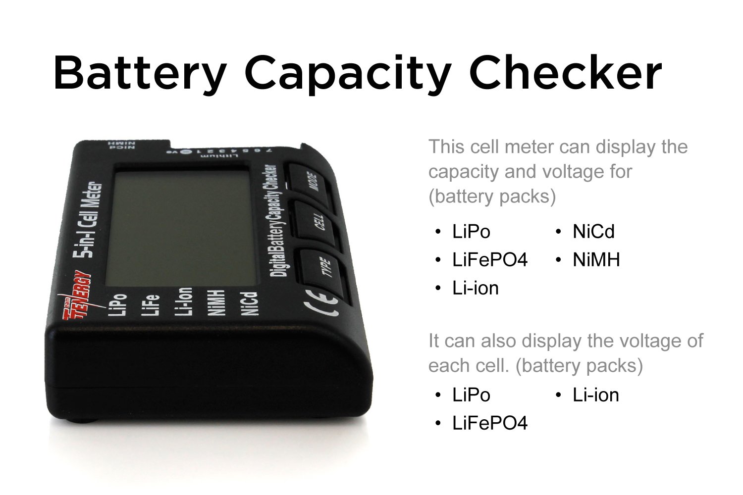 Tenergy 5-in-1 Battery Meter, Intelligent Cell Meter Digital Battery ...