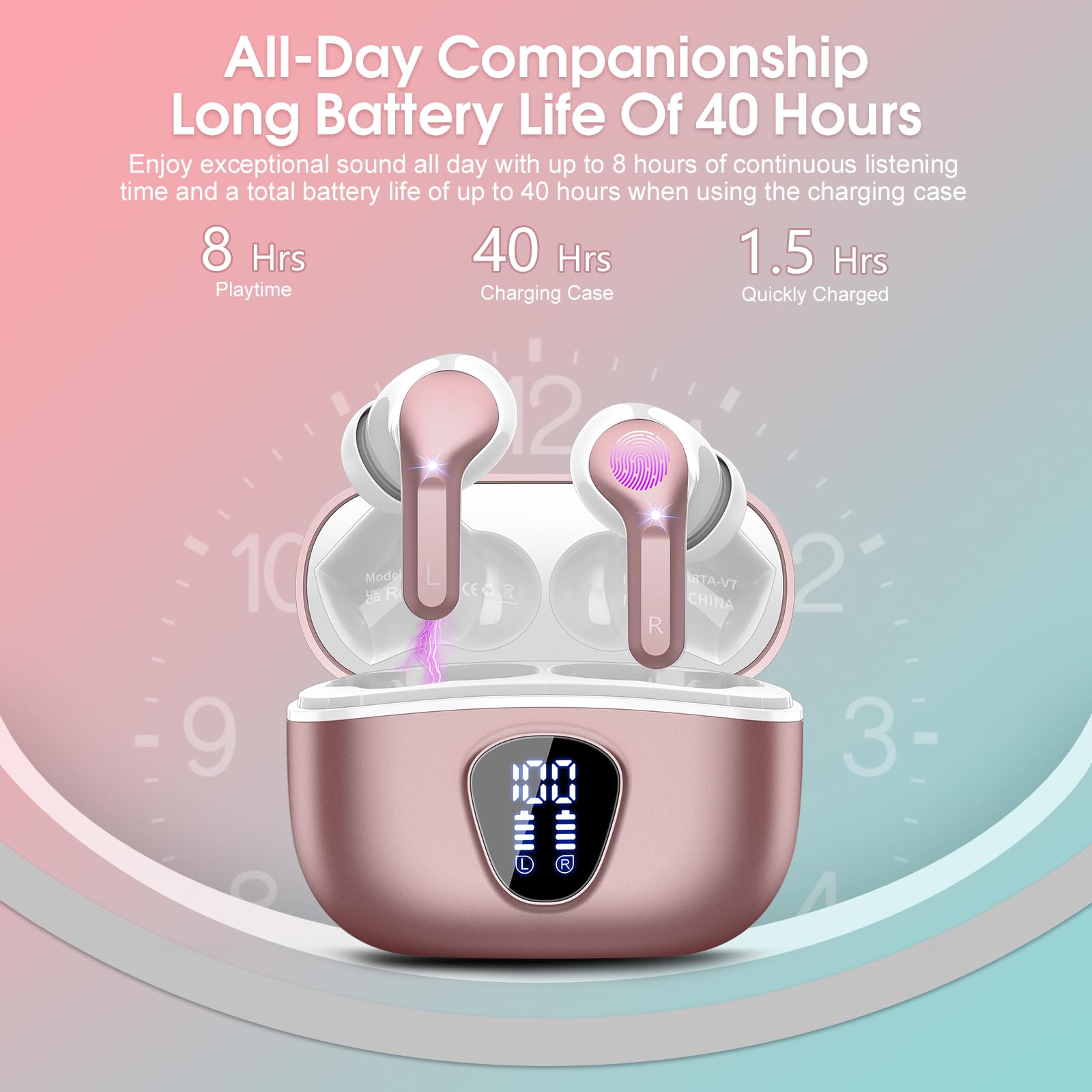 Wireless Earbuds, Bluetooth 5.4 Headphones HiFi Stereo, Bluetooth Earbuds with ENC Noise Cancelling Mic, IP7 Waterproof in Ear Earphones, 48H, LED Display Ear Buds for Pad Phones Workout, Rose Gold