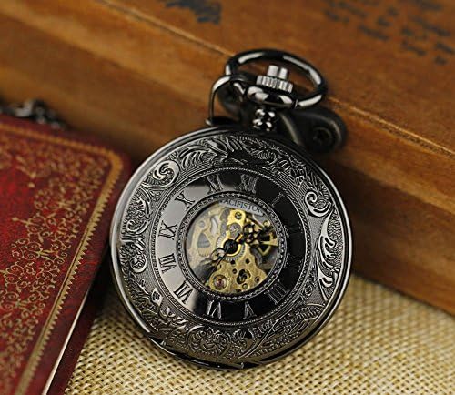 Antique Design Mens Skeleton Dial Mechanical Black Chain Pocket Watch