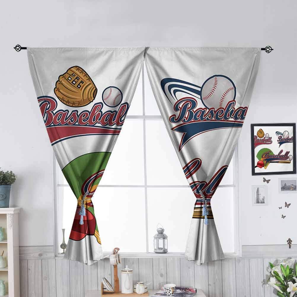 Rod Pocket Window Curtains Baseball Mitt Ball Bat Hardball W63 x L72