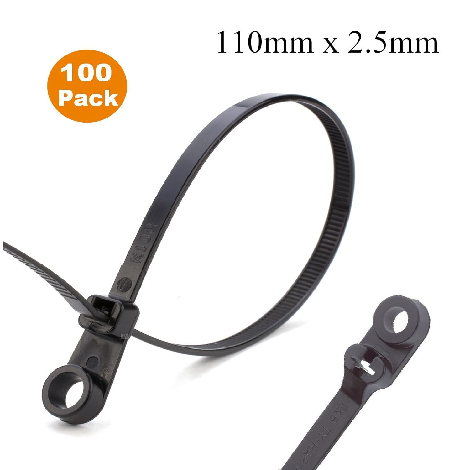 100 x Black Screw Mount Cable Ties 110mm x 2.5mm Car Chassis Body Zip
