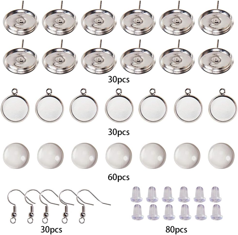 SUNNYCLUE 1 Box 120pcs Cabochon Pendant Stud Earrings Making Kit 60pcs Earring Bezel Settings with 60pcs 12mm Clear Glass Cabochons - Image 3