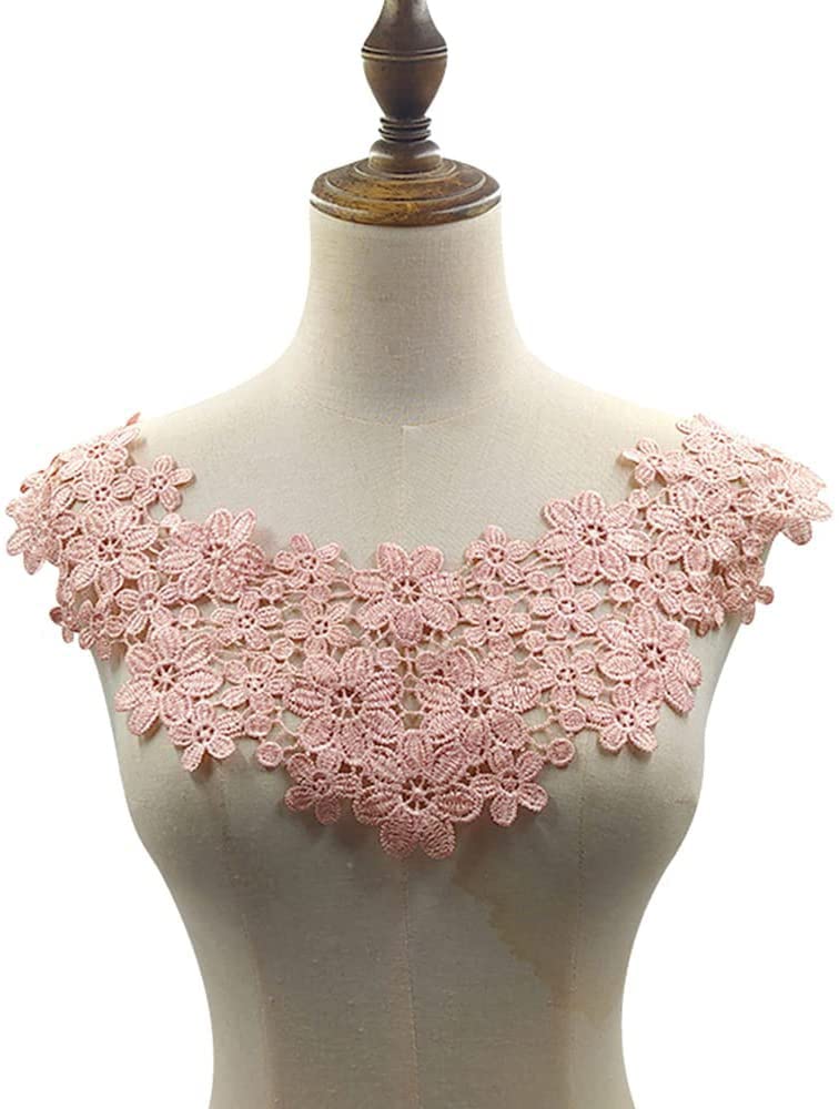 Embroidered Flower Lace Collar Applique, Embroidery Lace Trim Crochet Lace Patch Lace Motif Applique Patches Tipped Collar for Sewing Craft Costume Wedding Dress Wedding Dress Decoration Pink B