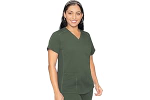 Med Couture V-Neck Scrub Top for Women with 4 Pockets, Rib-Knit Side Panel, and Shirttail Hem MC7459