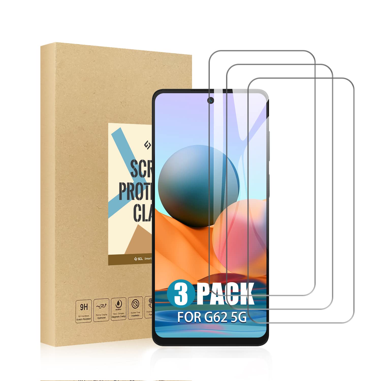 SCL Screen Protector Compatible with Moto G62 Screen Protector Motorola G62 Tempered Glass Film [3-Pack], [Easy Installation, Case Friendly, Bubble-free, 9H]