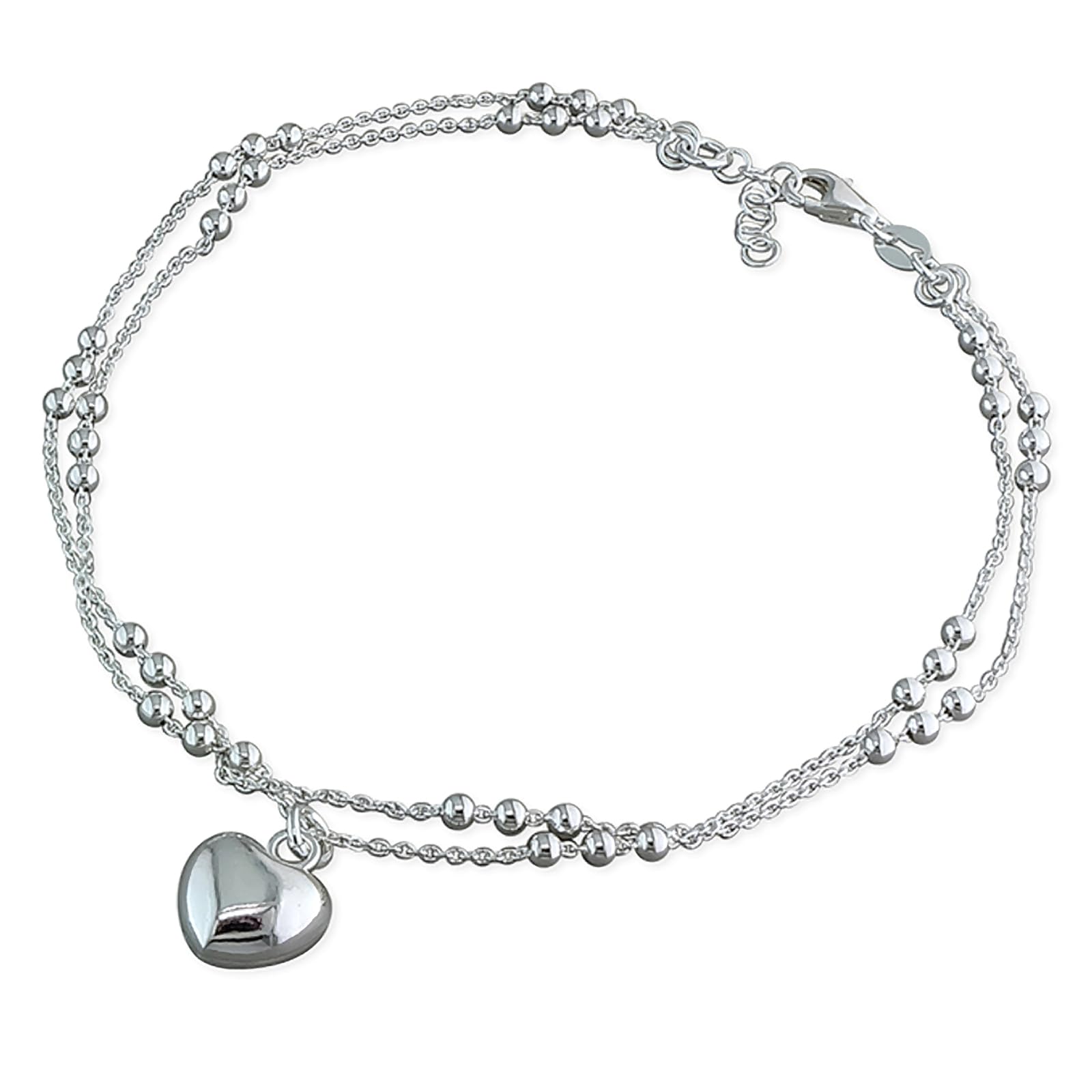 Designer Inspirations Boutique 9.75 Inch Beaded Double Chain With Heart Sterling Silver Anklet/Ankle Bracelet/Ankle Chain - 925 Sterling Silver - 9.75" Inch/25cm - Anklets for Women