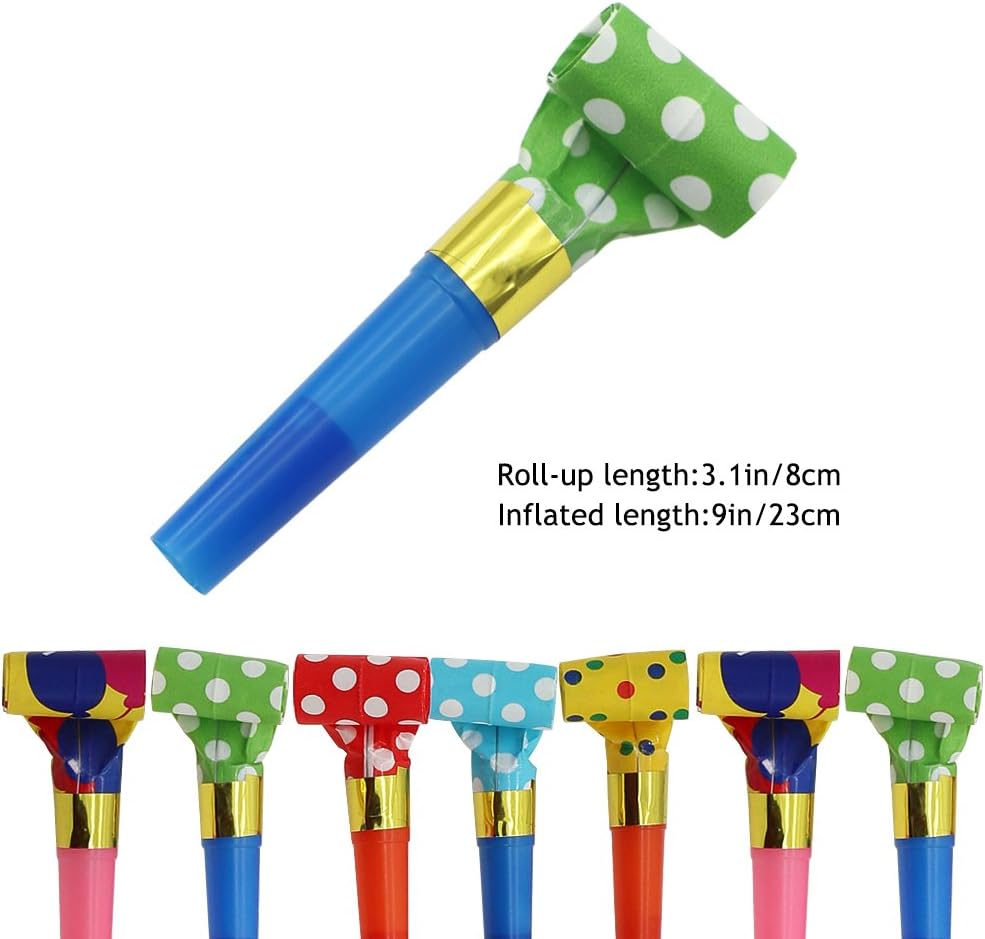 HEHALI 72pcs 2 Kinds of Musical Blowouts, Colorful Paper Noisemaker and Glitter Fringed Metallic Blow Outs Whistles for Party: Toys & Games