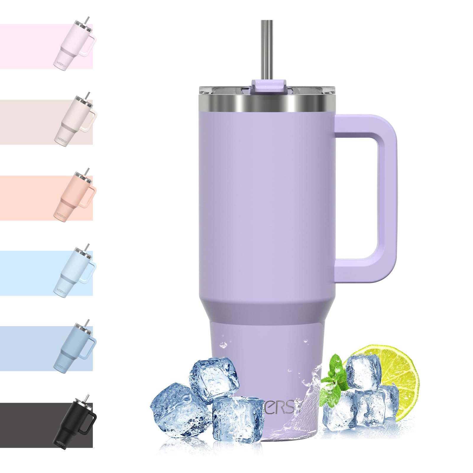 WATERSY Travel Mug Coffee Cup 40oz Tumbler Straw Lid and Handle, Stainless Steel Double Wall Vacuum Insulated Coffee Water Bottle Thermal for Cold Hot Coffee 1182ml Purple