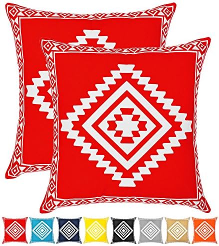 Throw Pillow Cover Cushion Cases Cotton Printed Tribal Handcraft (18 x 18 Inches, Set of 2, Red) by Urban Style Décor