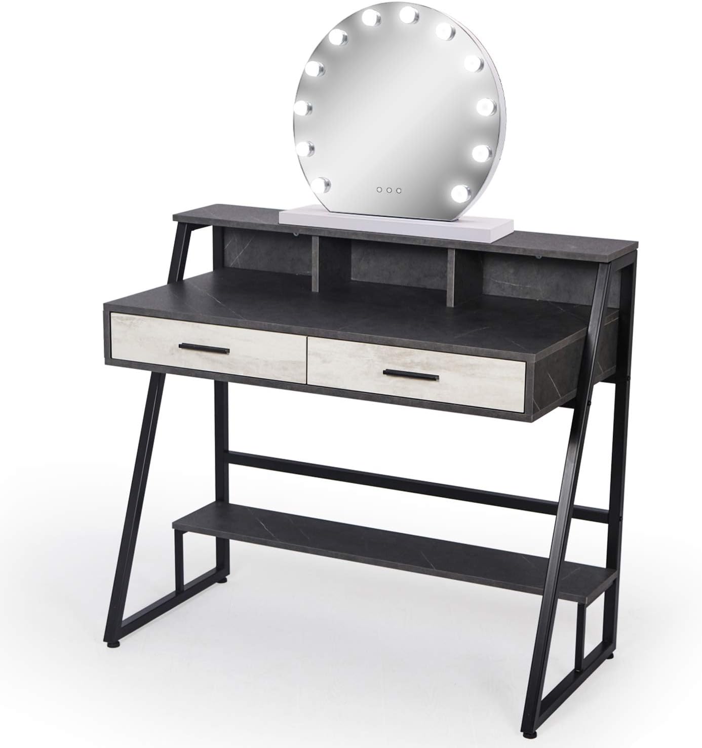 Modern Small Makeup Vanity Desk with Lighted Mirror for Bedroom Dressing Table Small Space, Home Office Desk with 2 Large Drawers and 3 Open Top Cabinets Imitation Marble Table Top