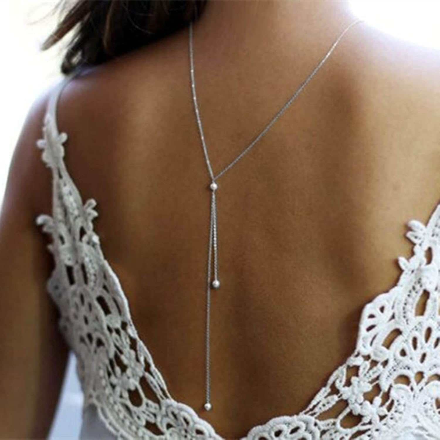 TseanYi Pearl Back Drop Necklace Long Drop Back Chain Necklace Bridal