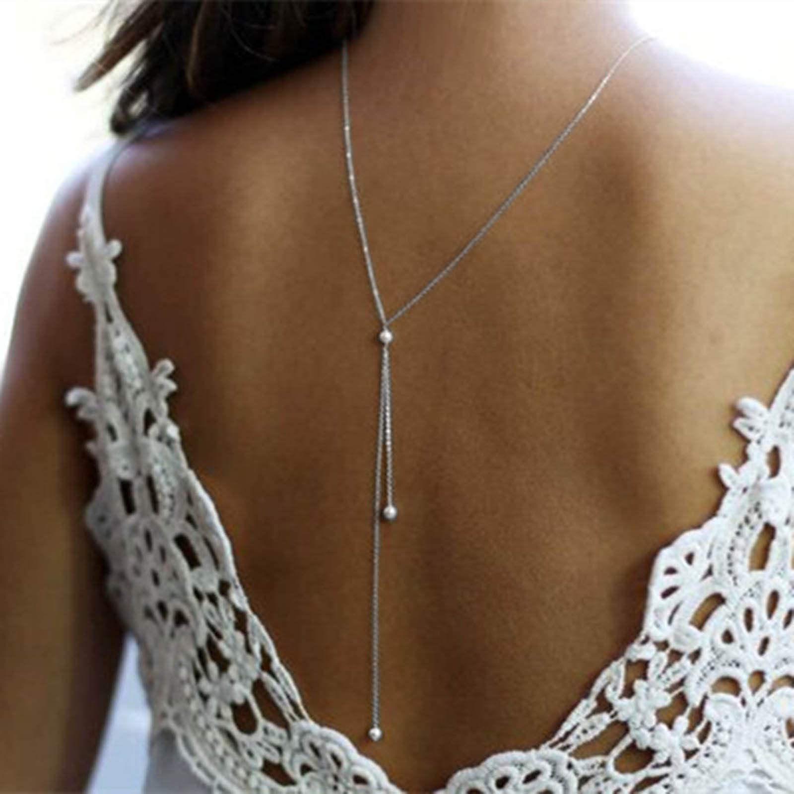 TseenYi Pearl Back Drop Necklace Silver Long Drop Back Chain Necklace Bridal Lariat Chain Necklace Jewelry for Women and Girls (Silver)