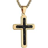 HZMAN Carbon Fiber Cross Necklace for Men Stainless Steel Christian Crucifix Pendant Includes Necklace 22+2" Box Chain