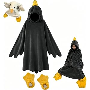 Duck Pajamas–Funny Goose Costume Hoodie Blanket, Soft Wearable Animal Onesie for Kids with Sleeves & Feet Slippers