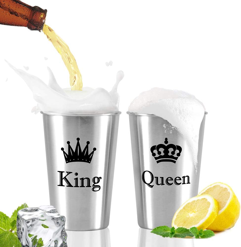 Couple Gifts for Anniversary Mugs,King & Queen Wedding Gifts for Couple,Beer Cups,Engagement Gifts Newlyweds,Christmas Gifts for Couples,Bridal Shower Gifts (KING & QUEEN, 16.9 oz x2)