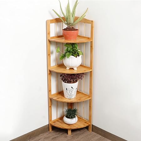 HOKIPO 4 Layer Bamboo Corner Plant Stand for Living Room, Balcony, Garden, Home D