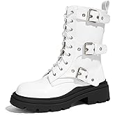 LUCKY STEP Women's Combat Boots-Platform Chunky Mid Calf Boots Ankle Booties Motorcycle Side Zipper Buckles Goth Booties