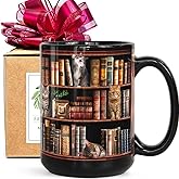FALJIOK Library Coffee Mug, Cat Book Mug - Black, 15oz