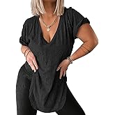 MERRIMISS Womens Deep V Neck Tops Summer Short Sleeve Oversized T Shirt Side Slit High Low Tunic Tops