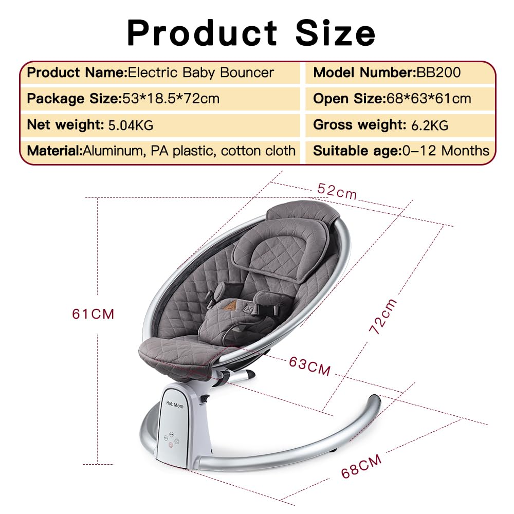 Hot Mom Upgrade Cotton Electric Baby Bouncer for Infant,Bluetooth Swing Enabled Automatic, Baby Rocker Inset Music Speaker, Dinning Chair with Intelligent Timing & LED Touch Screen (Grey)