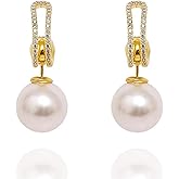 Pearl Dangle Earrings for Women 14K Gold Plated, Hypoallergenic Diamond Pearl Earrings,Trendy Zirconia Stud Drop Earrings, Elegant Bridal Wedding Jewelry