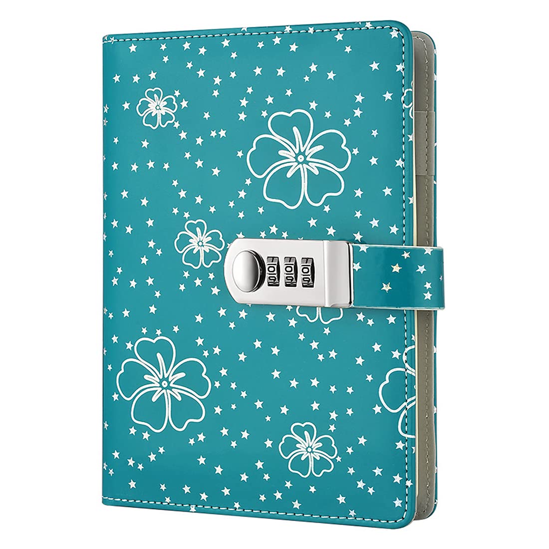 NectaRoy PU Leather Password Notebook Writing Journal Diary with Combination Lock, Flower and Star Pattern, Wire Binding Lined Notepad Personal Sketchbook with Pen Holder, 210x145mm