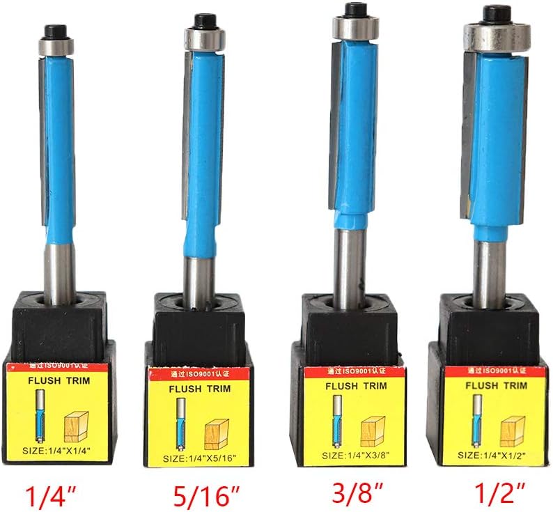 4Pcs Flush Trim Router Bit Set With 1/4'' Shank Panel Top & Bottom Bearing For Woodworking Carpenter Cutter for Home Improvement and DIY,Include 1/4'' 5/16'' 3/8'' 1/2''