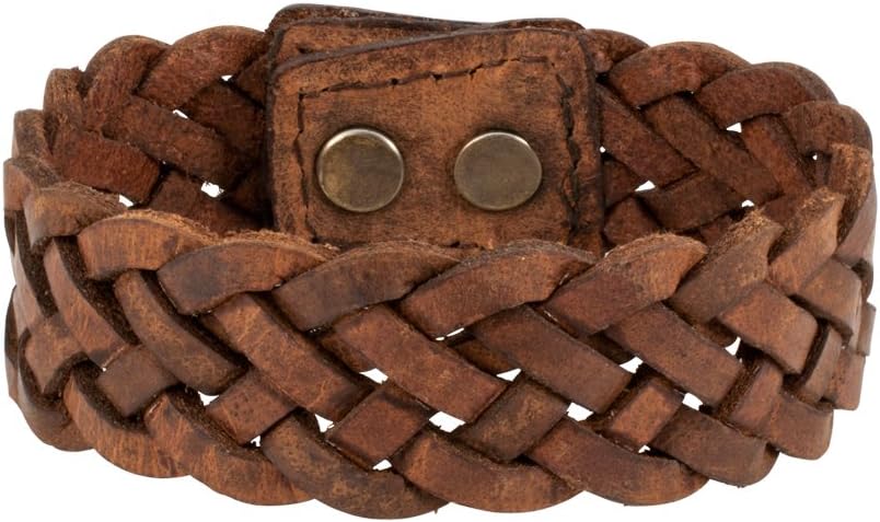 Napoli Leather Brown Distressed Vintage Braided Snap Strap Bracelet, 7 inches
