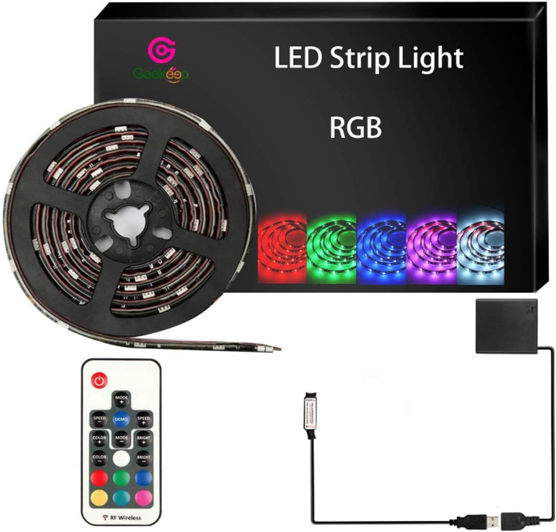 Battery Powered LED Strip Lights,Geekeep Waterproof RGB LED Light Strips,Flexible and Cuttable Rope Light with Battery Pack and USB Cable,17 Key RF Wireless Remote Controller-Black (2m/6.56ft)