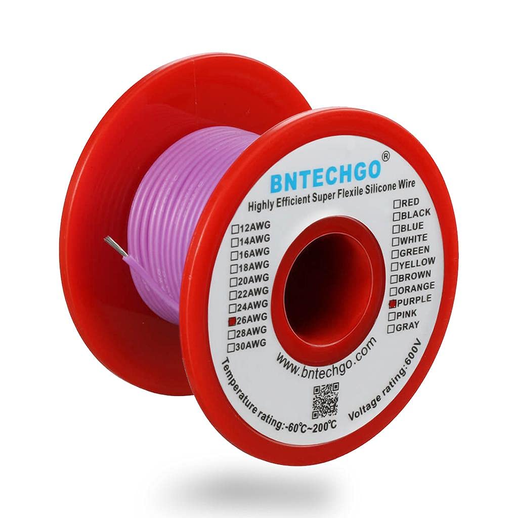 BNTECHGO 26 Gauge Silicone Wire Spool Purple 100 ft Ultra Flexible High Temp 200 deg C 600V 26 AWG Silicone Rubber Wire 30 Strands of Tinned Copper Wire Stranded Wire for Model Low Impedance