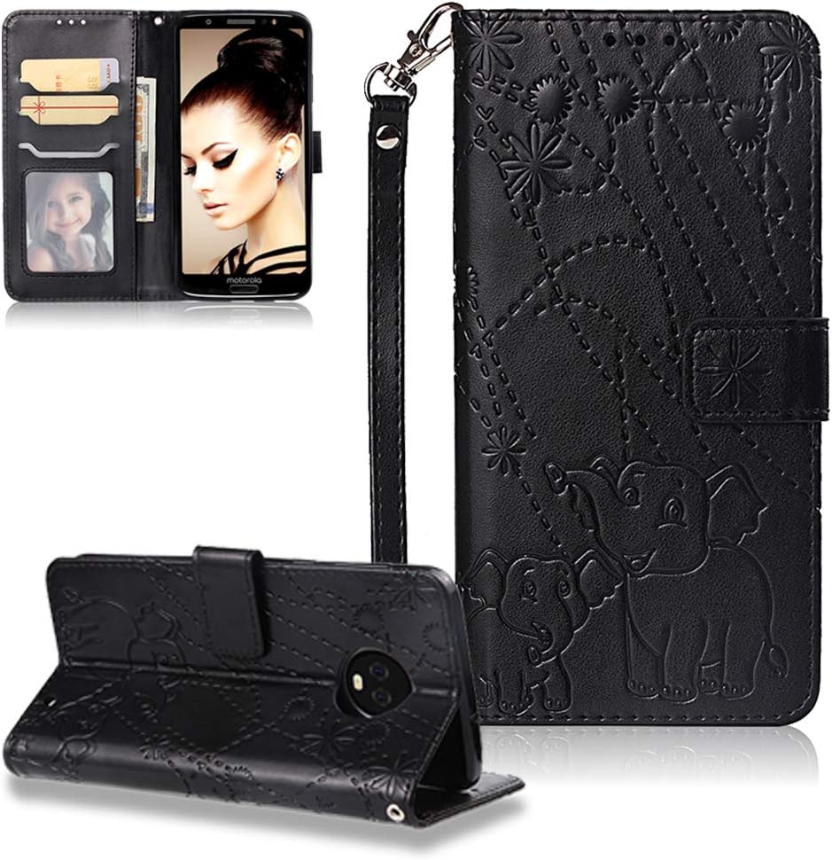 FNBK Phone Case for Moto G6 Plus Case Wallet Shockproof Case Embossed Flower Elephant Black Magnetic Closure Flip Stand Card Slots Girls Women Stand Function Cover