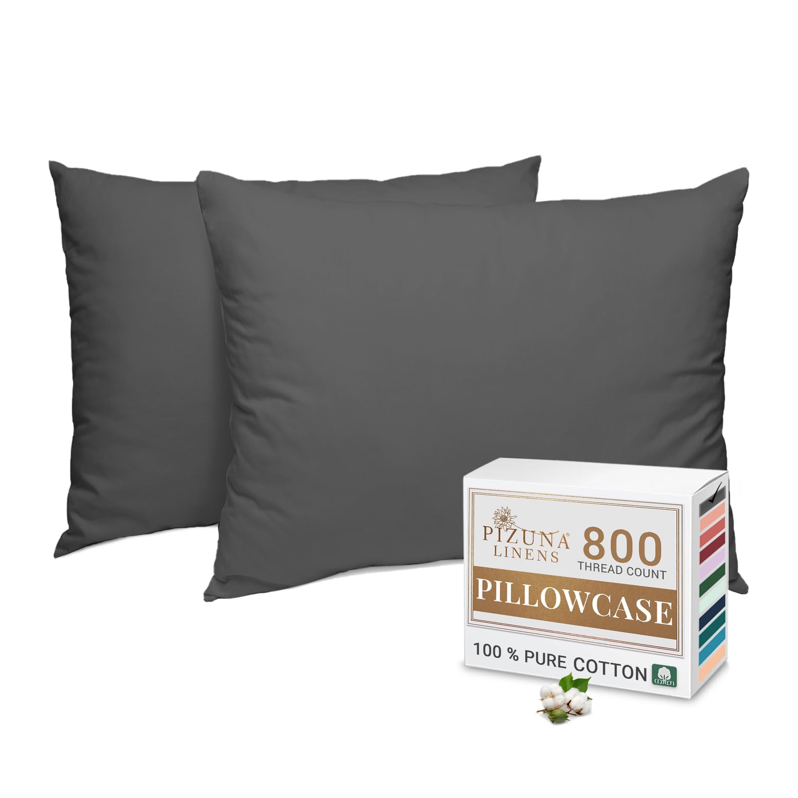 Pizuna Luxurios Cotton Housewife Pillowcases 2 Pack Dark Grey 48x74cm, 800 Thread Count Long Staple Combed Cotton Pillow Cover, Crisp Sateen Weave Housewife Pillow Cases (Luxury Pillowcase 2 PC)