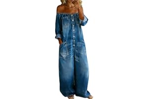 Wide Leg Overalls for Women Denim Jumpsuit Long Sleeve Button Down Lapel Casual Loose Wide Leg Romper with Pockets