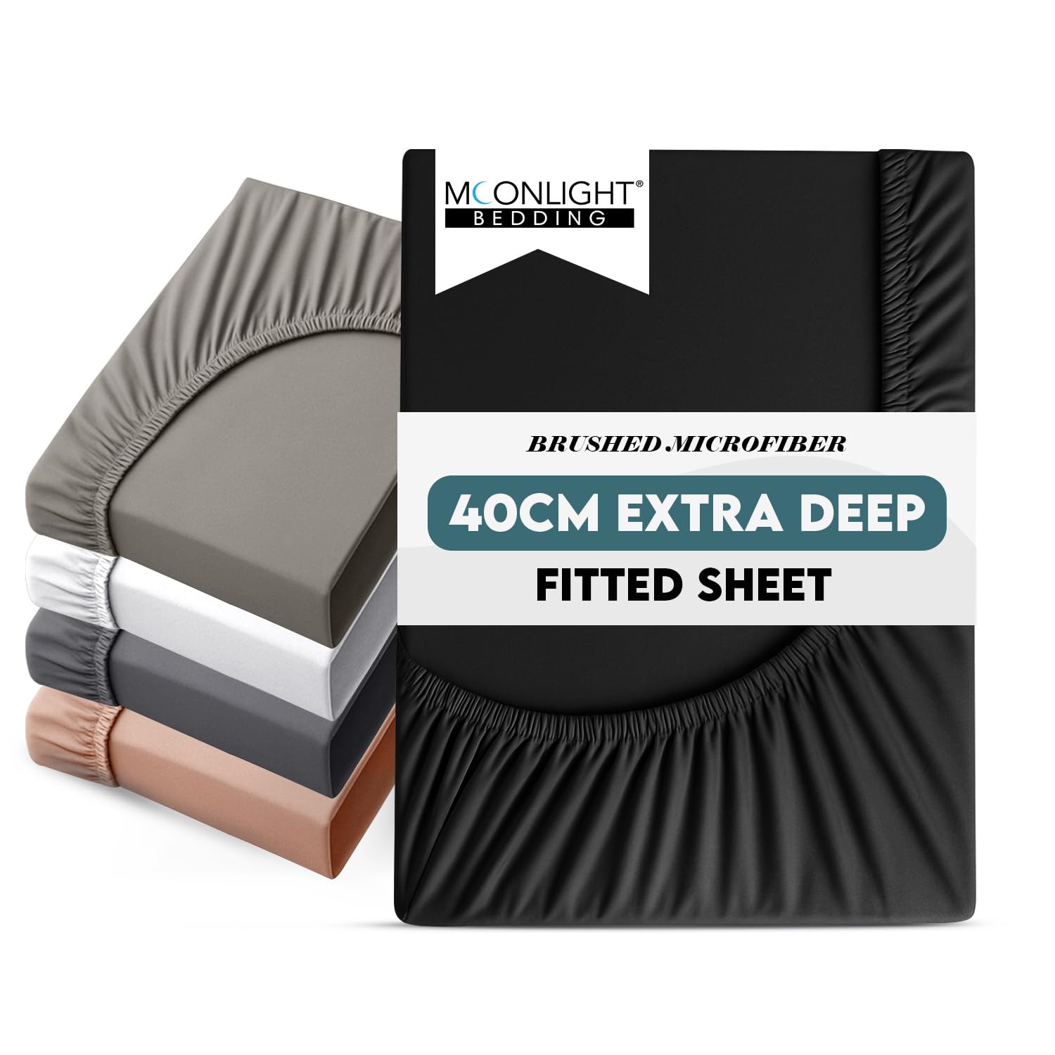 Moonlight Bedding Fitted Sheet 40 Cm Extra Deep Pocket Bed Sheets 16 inch Ultra Soft Bottom Sheet Brushed Microfiber Breathable Shrinkage and Fade Resistant (Black, Super King)