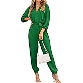 PRETTYGARDEN Women's Fall Jumpsuits Dressy Casual Pants Romper Spring Long Sleeve V Neck Belt Pockets One Piece Outfits