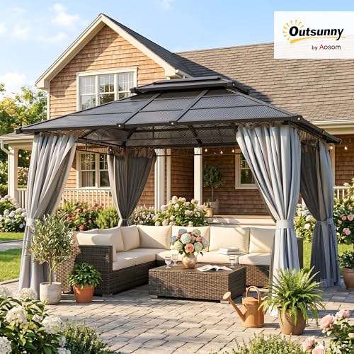 Outsunny 10' x 12' Outdoor Gazebo Canopy, Double Roof Hardtop Gazebo with Polycarbonate Roof, Steel Frame, Nettings and Curtains, for Garden, Lawn, Backyard and Deck, Light Grey