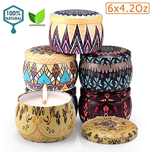 Arosky Citronella Candles Indoor and Outdoor Scented Natural Soy Wax Portable Travel Tin Candle Gift Set 6 x 4.2 Oz Pack of 6