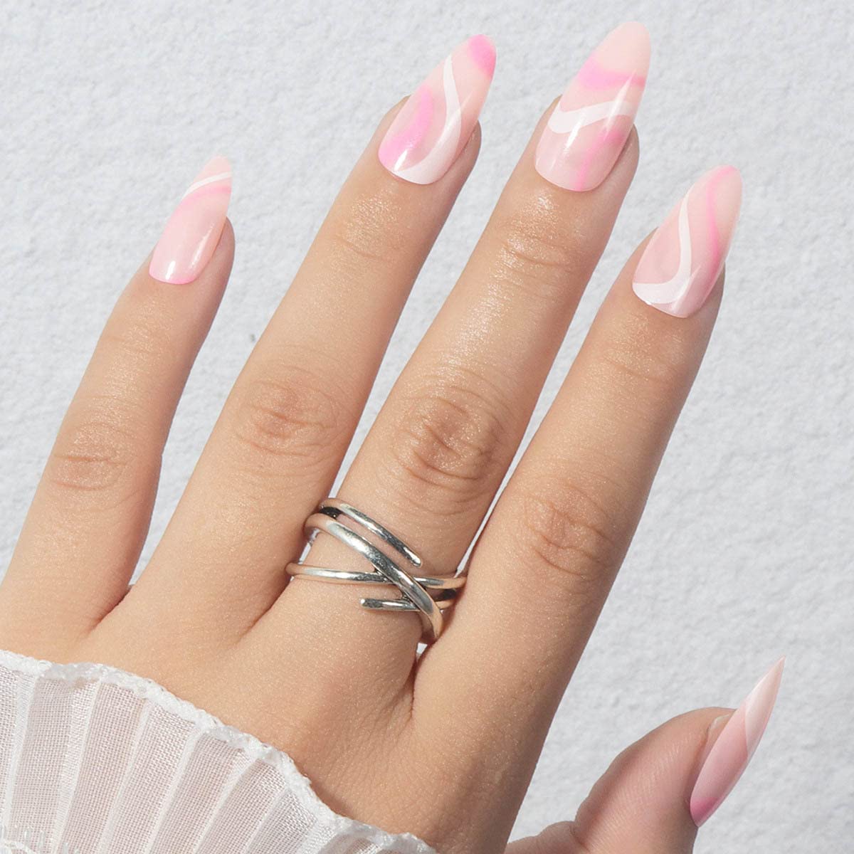 Wedity 24 Pieces Pointed Nail Stickers French Rainbow Line Small Flower Fake Nail Stickers Press Fake Nails Artificial Nails for Women Girls (D)