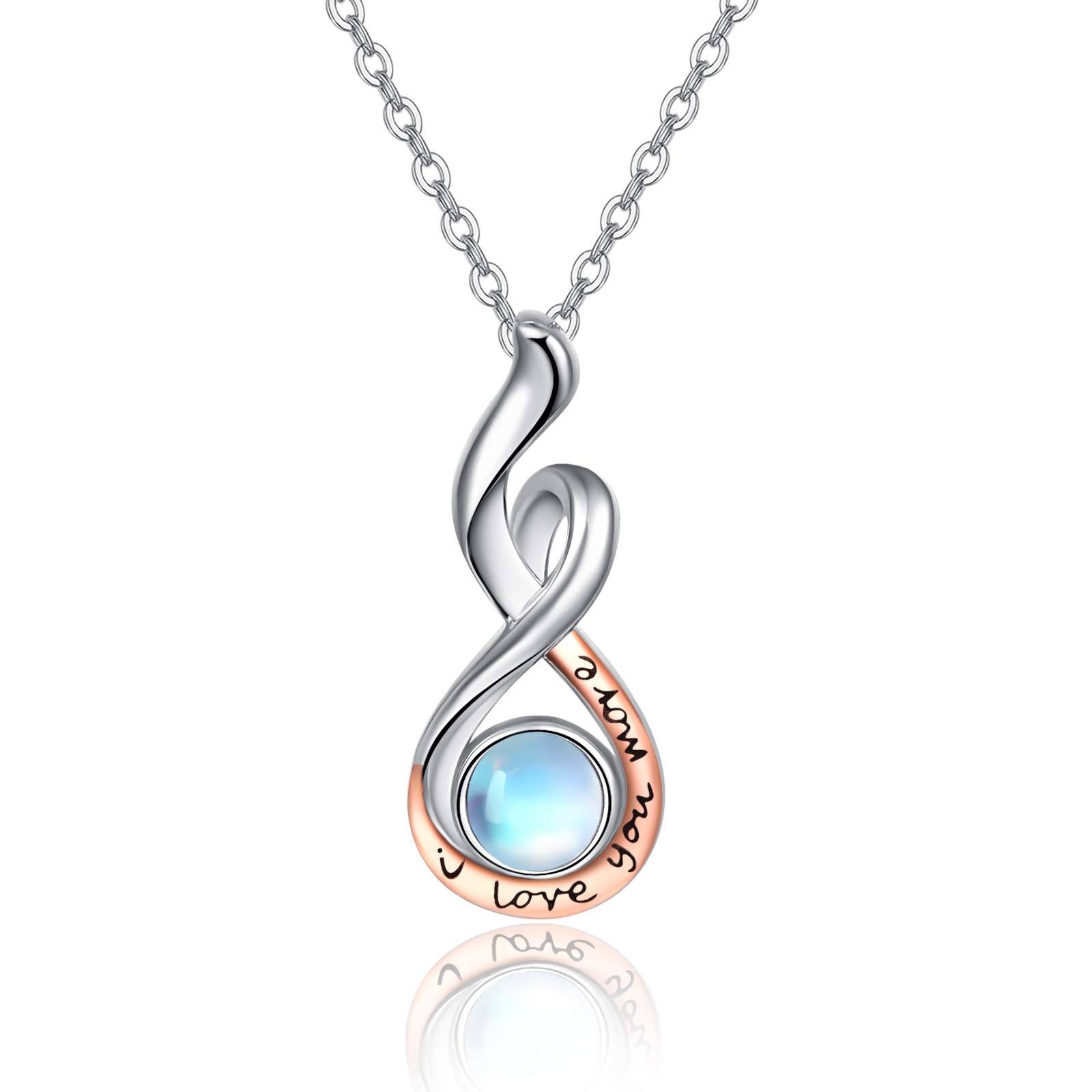 KINGWHYTE Moonstone Necklace for Women Sterling Silver Infinity Pendant Rose Gold Plated I Love You More Jewelry Gift for Teens Mom Daughter