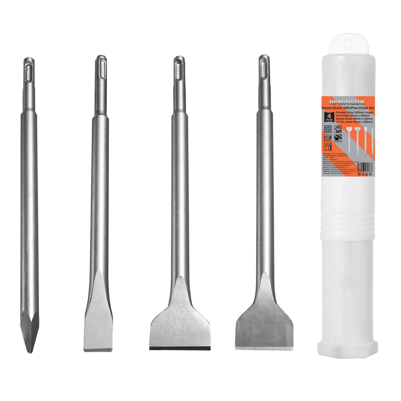 HPMAISON SDS Plus Hammer Chisel Set, 4-Piece with Tile Chisel - Stone and Concrete Set - Rotating Box — image 1