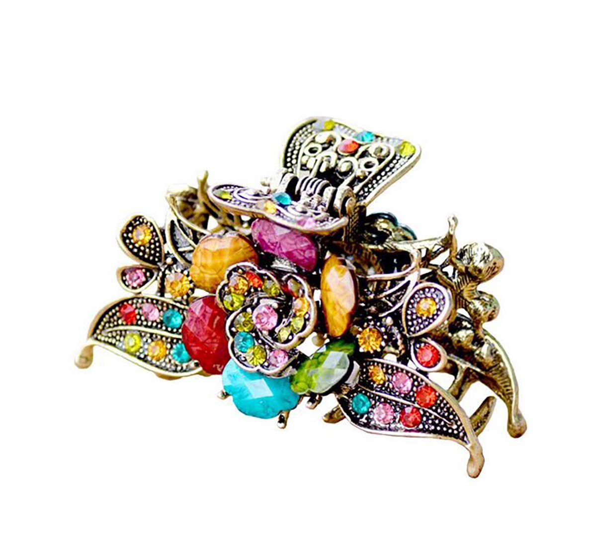 Fodattm Women Lady Retro Rose Flower Imitation Turquoise Hair Claw Clip Vintage Alloy Rhinestone Non-Slip Hair Jaw Clips Hairpin Hair Clamp (Colourful)