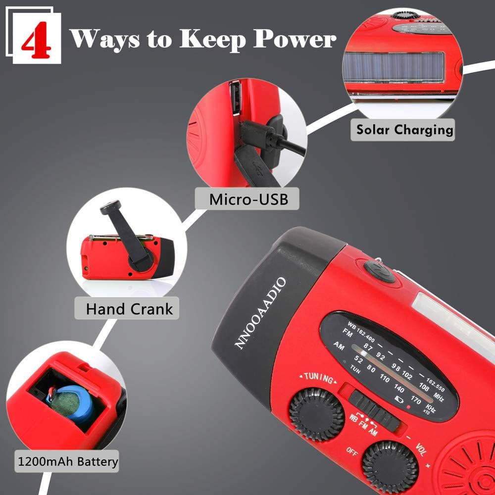 NNOOAADIO Emergency Weather Radio, Hand Crank Solar Battery Operated Survival NOAA AM FM Radio Portable with 3 LED Flashlight Kit, Built-in 1200mAh Power Bank & USB Charger: Home Audio & Theater