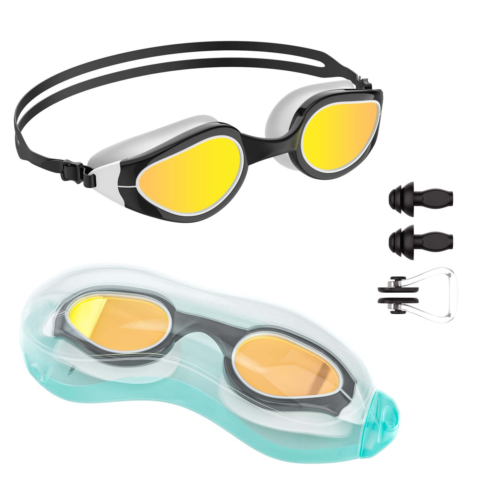 Tuocal Swimming Goggles, Anti Fog No Leaking UV Protection Waterproof Swimming Goggles with Soft Silicone Nose Bridge for Adult Women Men Junior Kids, Black White
