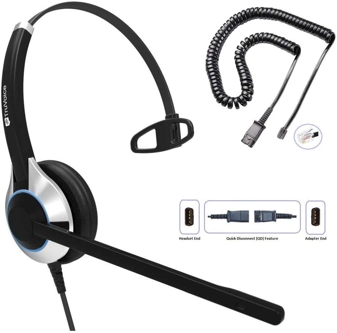 TruVoice Deluxe Single Ear Headset With Noise Canceling Microphone And Cable For Yealink T19 T20 T21 T22 T23 T26 T27 T28 T29 T32 T36 T38 T40 T41 T42 T46 T48 T52 T54