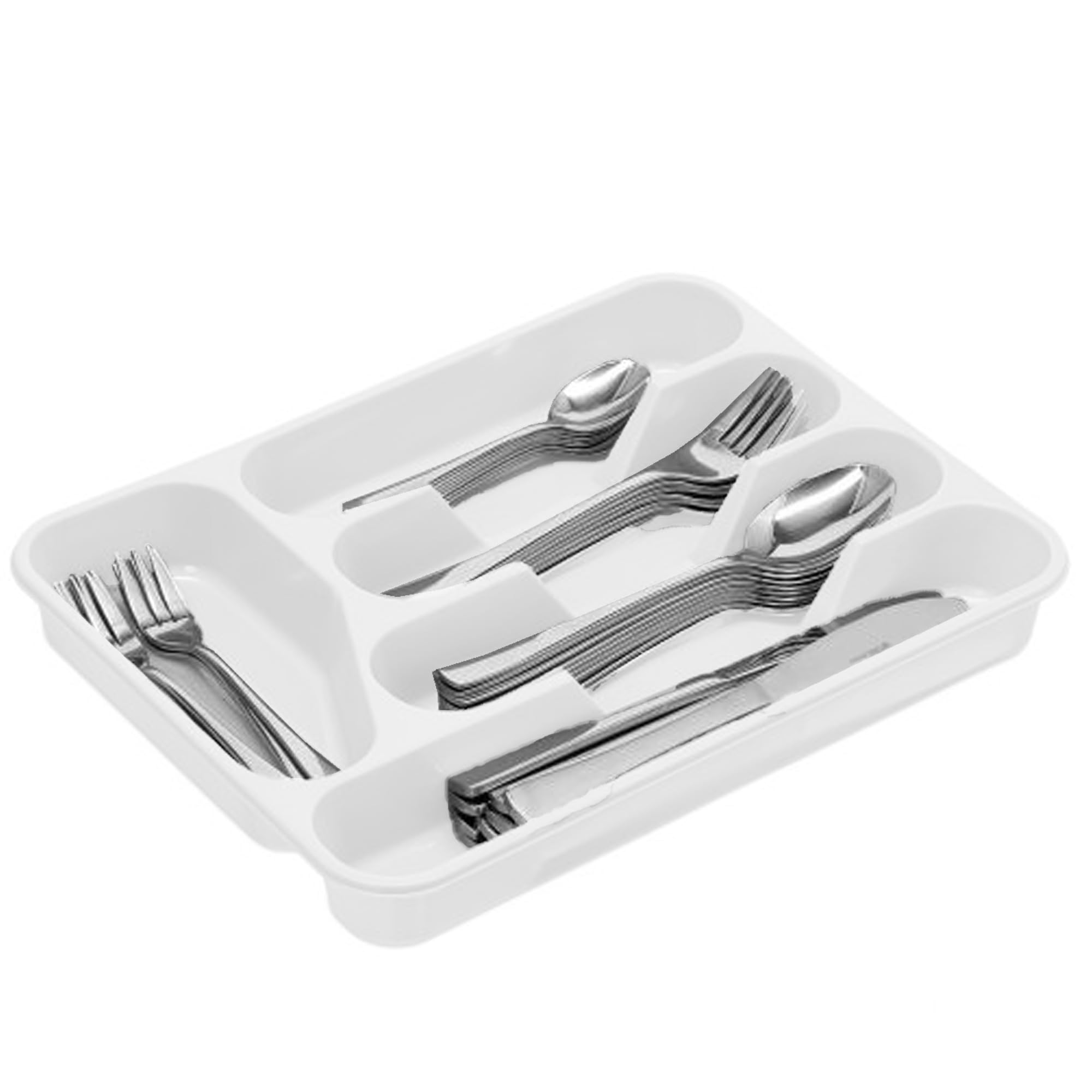 PLASTIFIC Large CUTLERY TRAY Flatware Organiser Strong Plastic Drawer Sliding Tidy Rack Holder Drawer Insert Tidy Storage, 33.5 x 26.5 x 4.5 cm - Solid Base, White