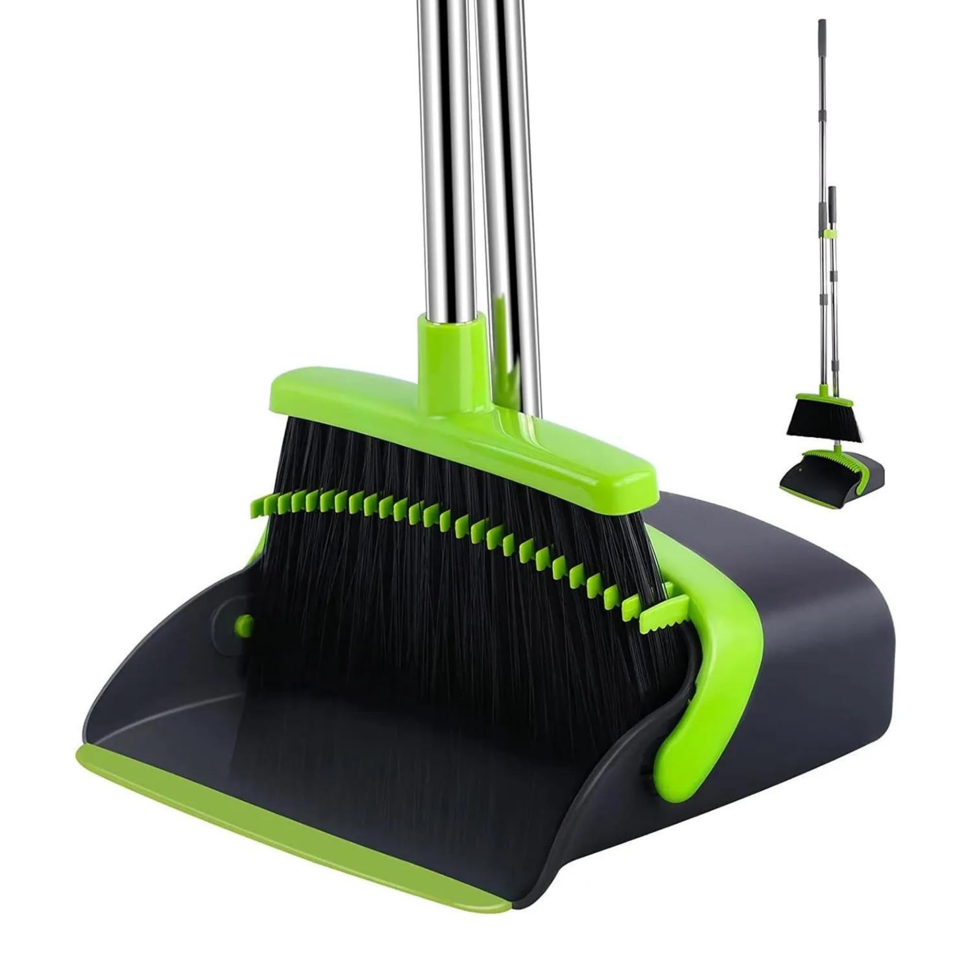 Photo 1 of KARMNEEV Standing Broom and Dustpan Set, Built-in Scraper Teeth, No-Slip Grip, Dust Collection Tray for Home, Office, Lobby, and Outdoor, Adjustable Handle from 38.18" to 52" (Black & Green)