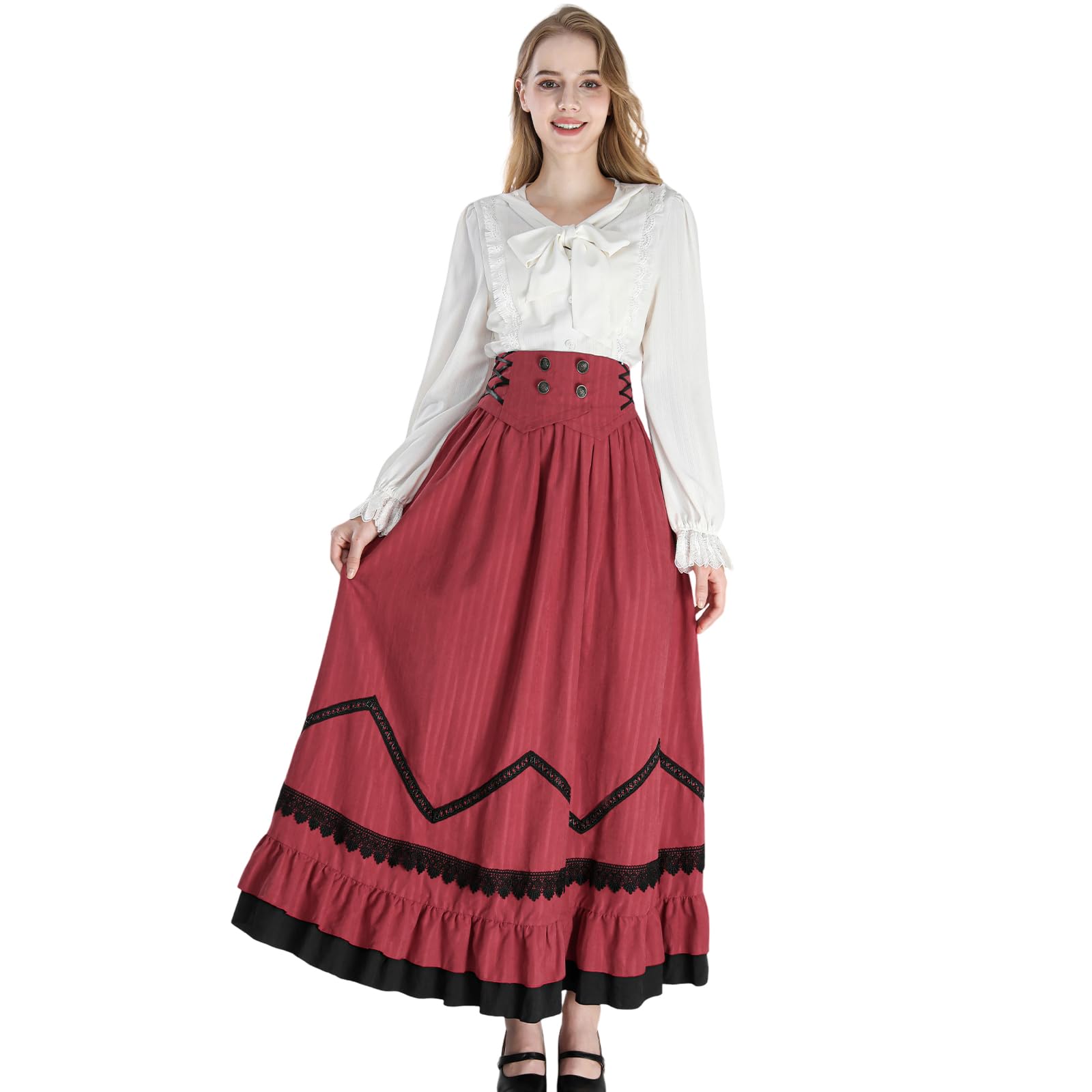 CR ROLECOS Victorian Dress Women Renaissance Gowns Edwardian Costume Vintage 1800s Dress 2 Piece Red L