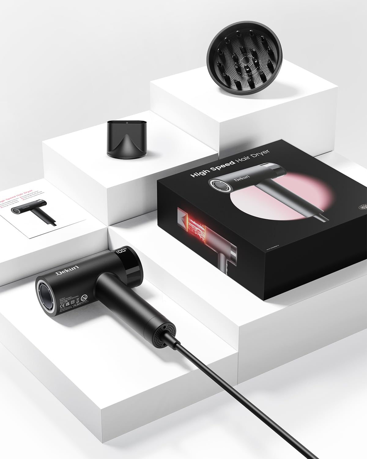 Dekuri Hair Dryer, 110,000 RPM High-Speed Fast Drying Blow Dryer, 500 Million Ionic Lightweight Hairdryer with Diffuser, Magnetic Nozzle, 4 Temps & 3 Speeds, Low Noise for Women & Men (Black)