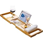 Bamboo Bathtub Caddy Tray, Bath Tub Tray with 12-in-1 Features Adjustable Bathtub Table, Non-Slip and Holds Books/Tablets/Cel
